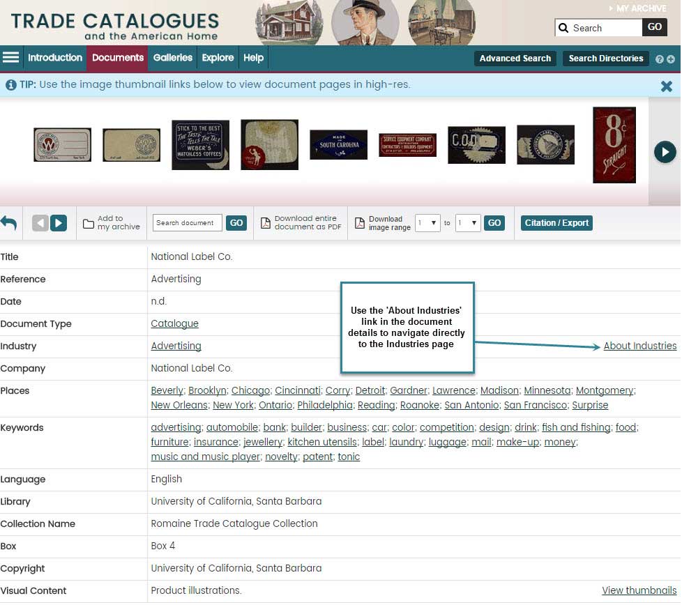 Screenshot showing the 'About Industries' link on the Document Details page which takes users directly to the Industry page.