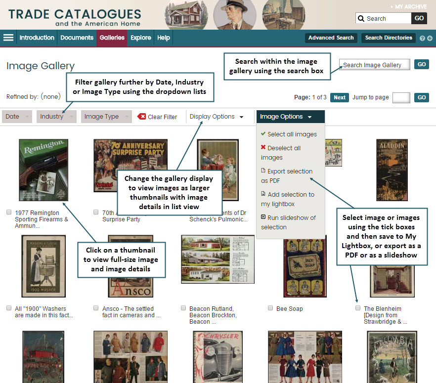 The Image Gallery. Users can choose to display images as large thumbnails or small thumbnails with image details in a list view by using the Display Options menu. Users can click on a thumbnail to view the full-size image and image details, and can select the tick box next to the image title and use the Image Options drop-down menu to run the selection as a slideshow, add to My Lightbox, or download as a PDF. The gallery can also be filtered by industry, date or image type.