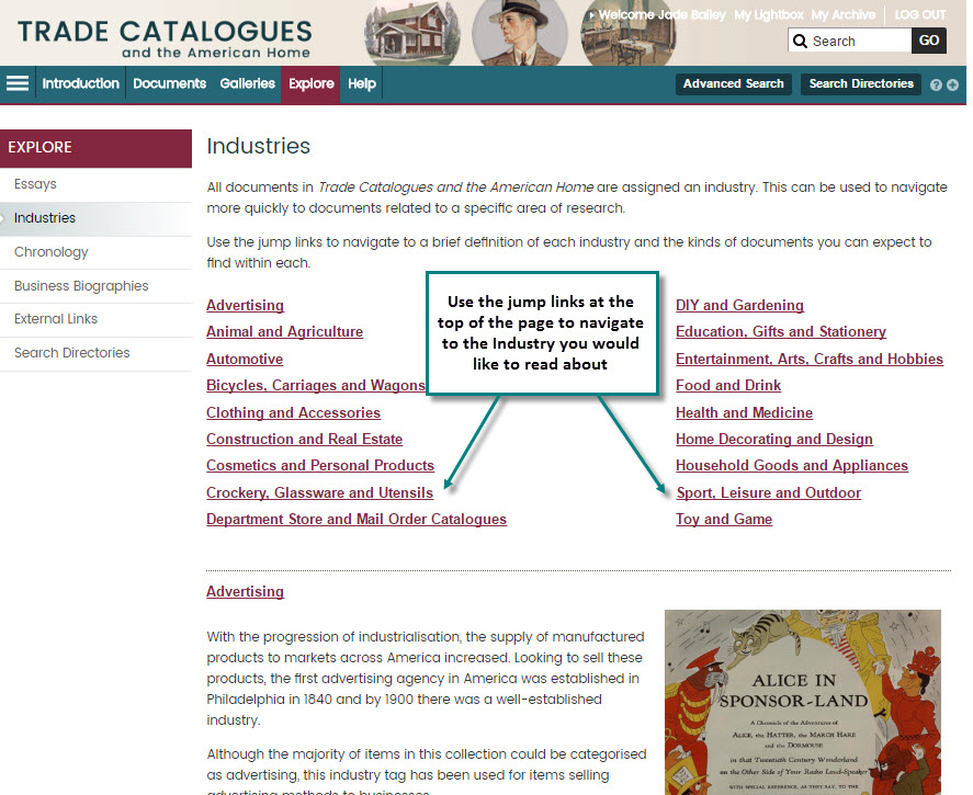 Screenshot showing the Industries page and jump links.