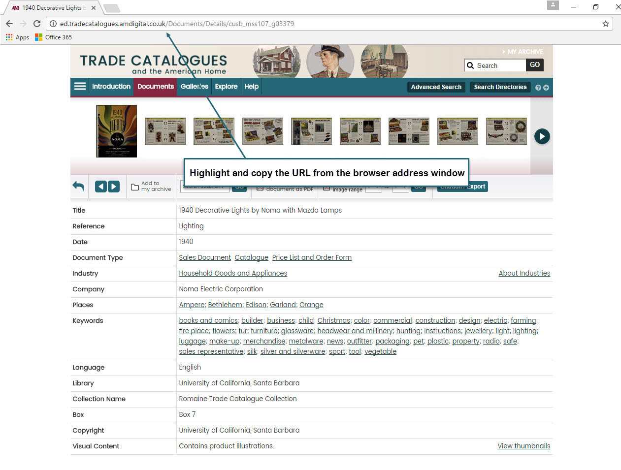Screenshot showing a document details page and pointing out the static URL that users can direct students to.