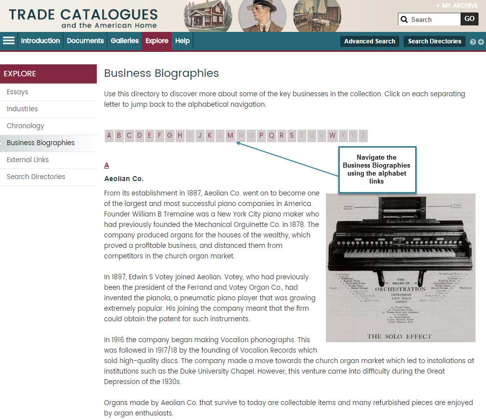 Screenshot showing the Business Biographies page.